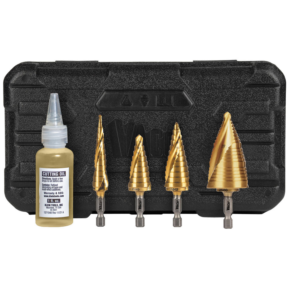 Klein Tools 25950, Step Bit Kit, Spiral Double-Fluted, VACO, 4-Piece