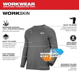 Milwaukee 402G-M, Men's Medium Gray WORKSKIN Midweight Performance Long Sleeve Base Layer Shirt (Discontinued)