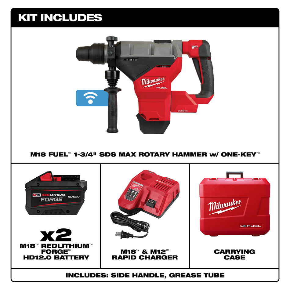 Milwaukee 2718-22HD, M18 FUEL 1-3/4" SDS MAX Rotary Hammer w/ ONE KEY Kit w/ (2) 12.0 Batteries