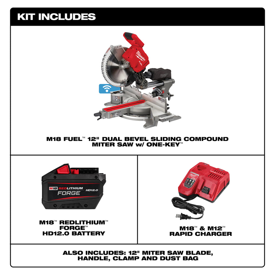 Milwaukee 2739-21HD, M18 FUEL 12" Dual Bevel Sliding Compound Miter Saw Kit (12.0 Ah)