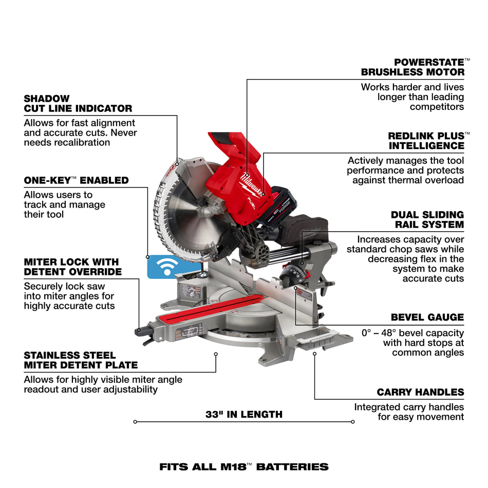 Milwaukee 2739-21HD, M18 FUEL 12" Dual Bevel Sliding Compound Miter Saw Kit (12.0 Ah)