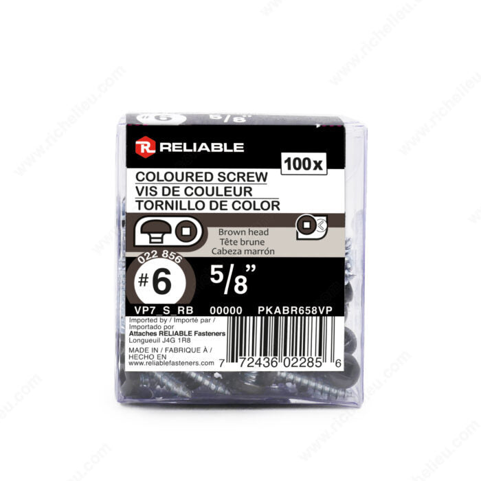 Reliable PKABR658VP, Metal Screw, Colored Pan Head, Square Drive, Self-Tapping Thread, Type A Point , Commercial Brown Painted Head (Box of 100)