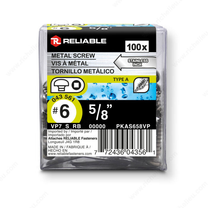 Reliable PKAS658VP, Metal Screw, Colored Pan Head, Square Drive, Self-Tapping Thread, Type A Point , Stainless Steel (Box of 100)