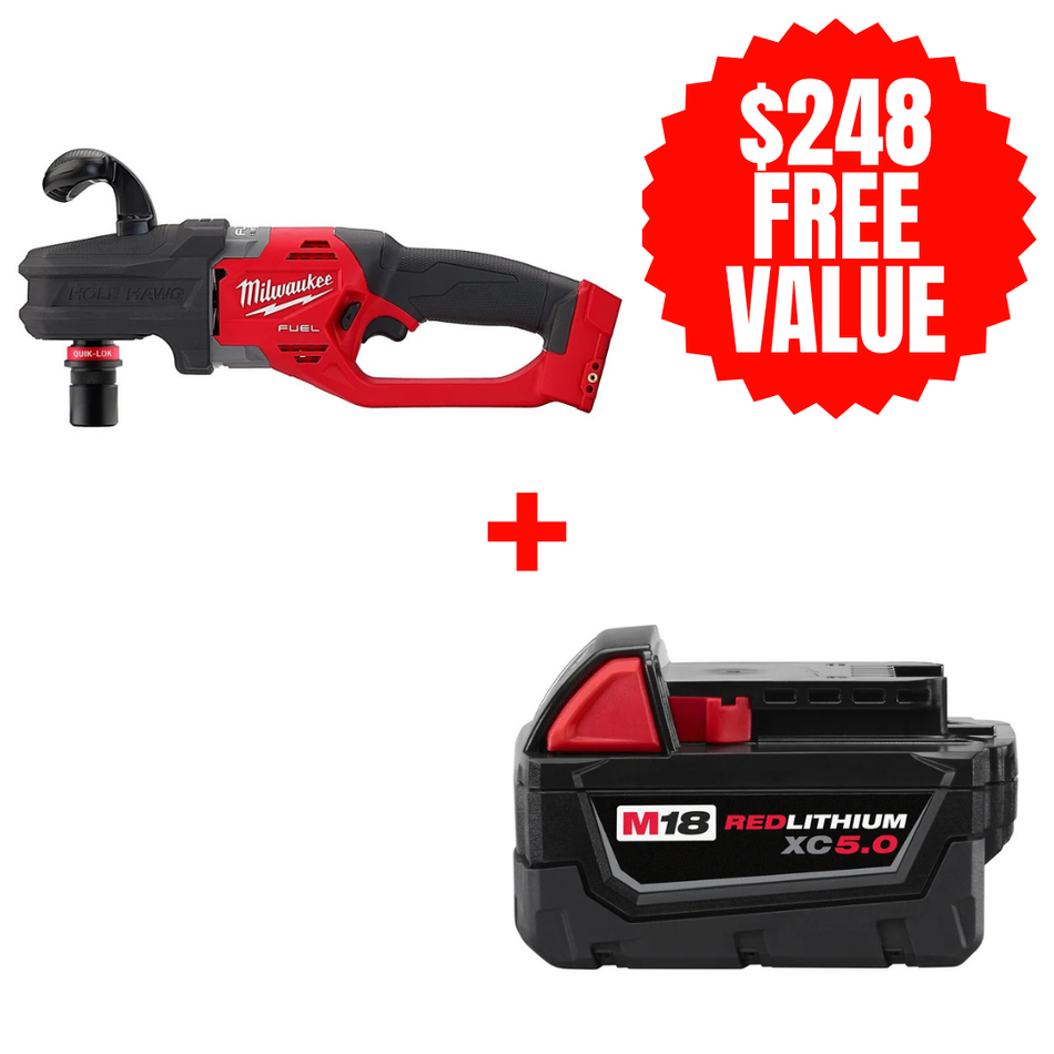 Milwaukee 2808-20 + 48-11-1850, M18 FUEL 7/16" Hole Hawg (Tool Only) + FREE M18 REDLITHIUM XC Battery (5.0 Ah)