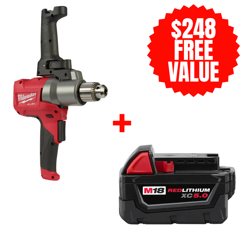 Milwaukee 2810-20 + 48-11-1850, M18 FUEL Mud Mixer with 180° Handle (Tool Only) + FREE M18 REDLITHIUM XC Battery (5.0 Ah)