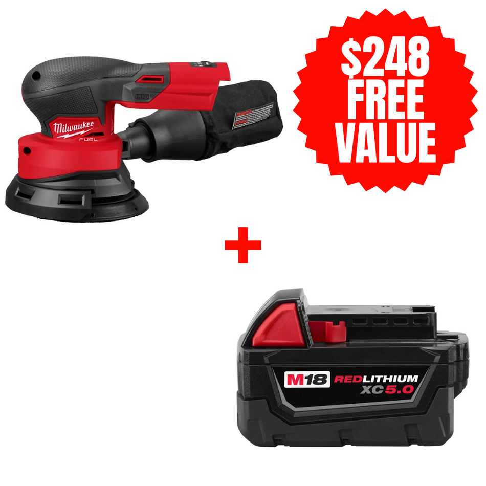 Milwaukee 2837-20 + 48-11-1850, M18­ FUEL™ 5" Random Orbital Sander + FREE M18 REDLITHIUM XC Battery (5.0 Ah)