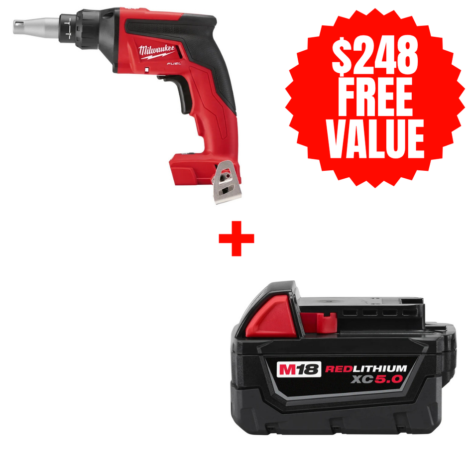 Milwaukee 2866-20 + 48-11-1850, M18 FUEL Drywall Screwgun (Tool Only) + FREE M18 REDLITHIUM XC Battery (5.0 Ah)