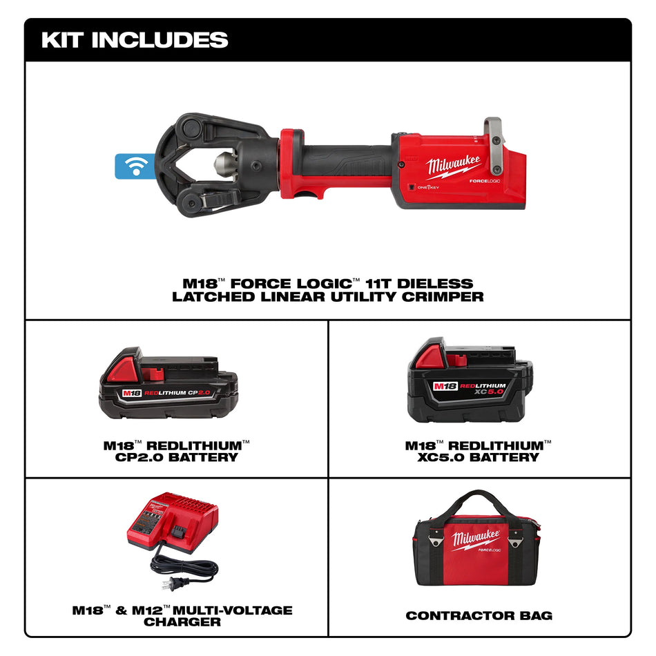 Milwaukee 2876-22, M18 FORCE LOGIC 11T Dieless Latched Linear Utility Crimper Kit