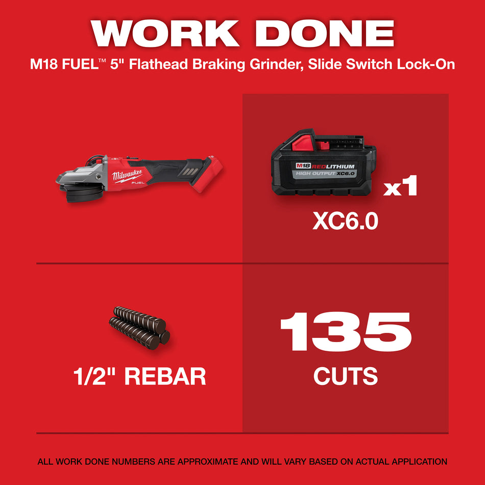 Milwaukee 2887-20, M18 FUEL 5" Flathead Braking Grinder, Slide Switch Lock-On (Tool Only)