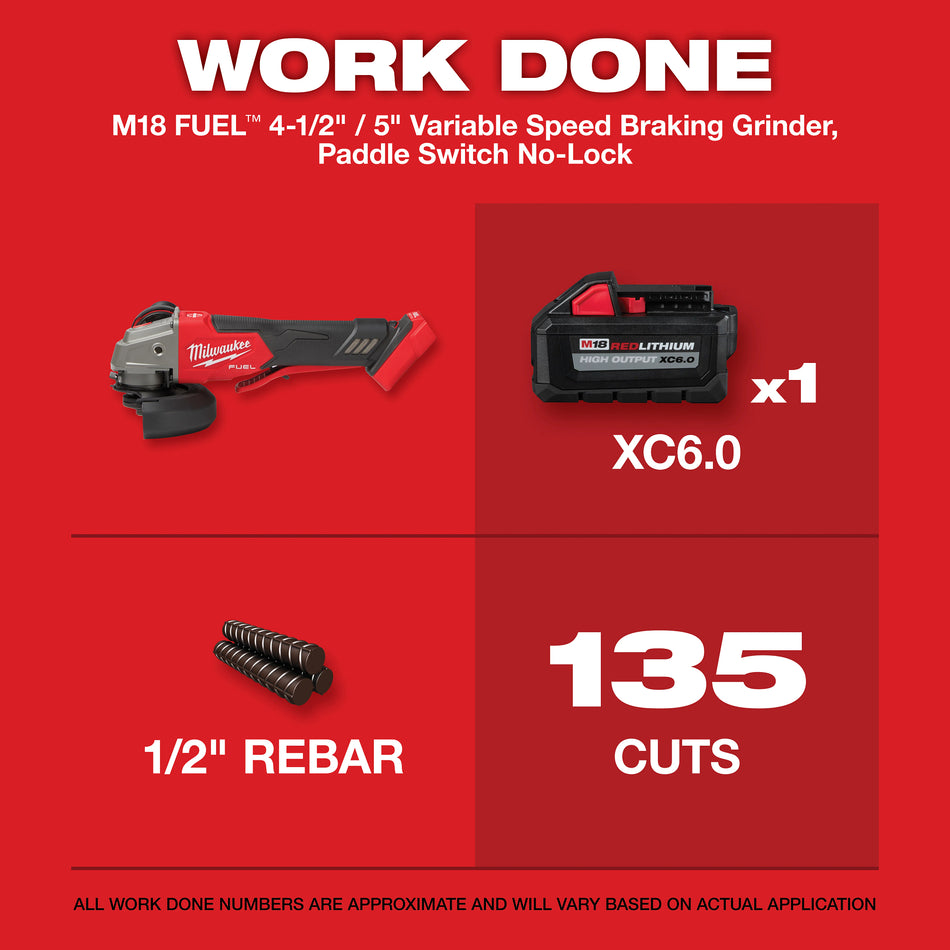 Milwaukee 2888-20, M18 FUEL 4-1/2" / 5" Variable Speed Braking Grinder, Paddle Switch No-Lock (Tool Only)