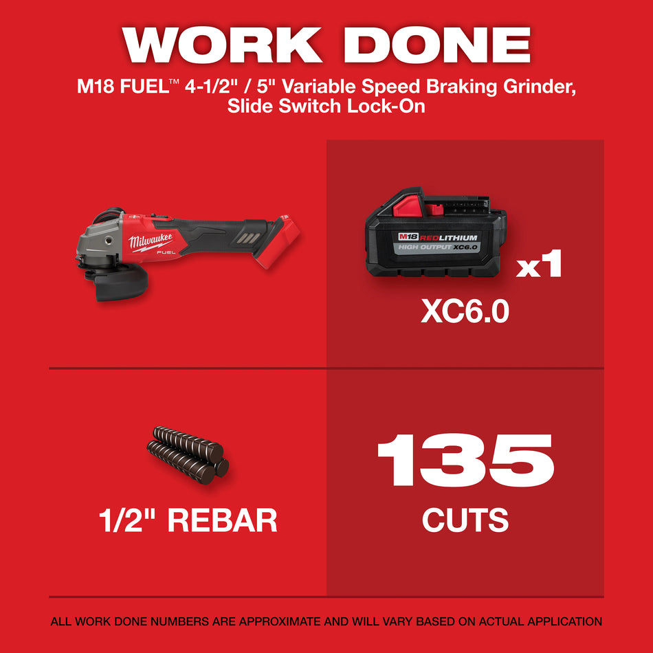 Milwaukee 2889-20, M18 FUEL 4-1/2" / 5" Variable Speed Braking Grinder, Slide Switch Lock-On (Tool Only)
