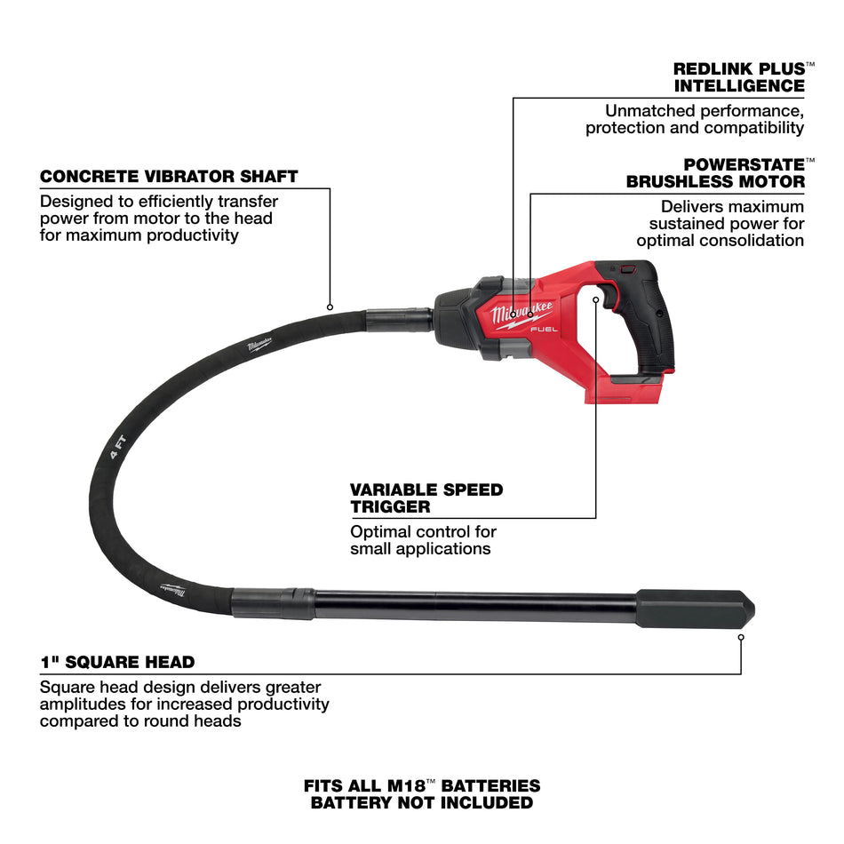Milwaukee 2910-20, M18 FUEL™ 4' Concrete Pencil Vibrator