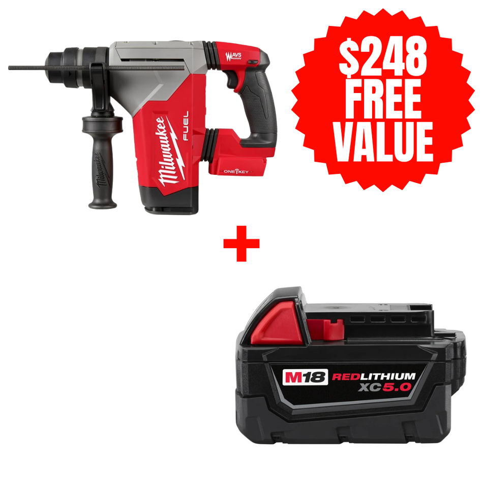 Milwaukee 2915-20 + 48-11-1850, M18 FUEL 1-1/8" SDS Plus Rotary Hammer (Tool Only) + FREE M18 REDLITHIUM XC Battery (5.0 Ah)