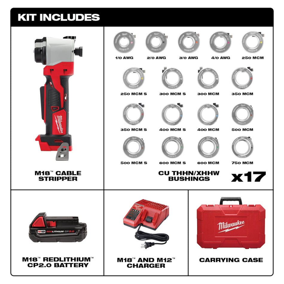 Milwaukee 2935CU-21S, M18 Cable Stripper Kit with 17 Cu THHN / XHHW Bushings