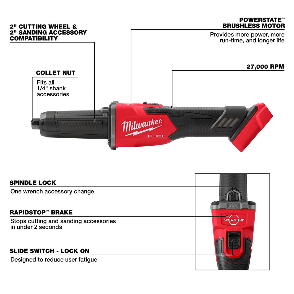 Milwaukee 2939-20, M18 FUEL™ Braking Die Grinder, Slide Switch (Tool Only)
