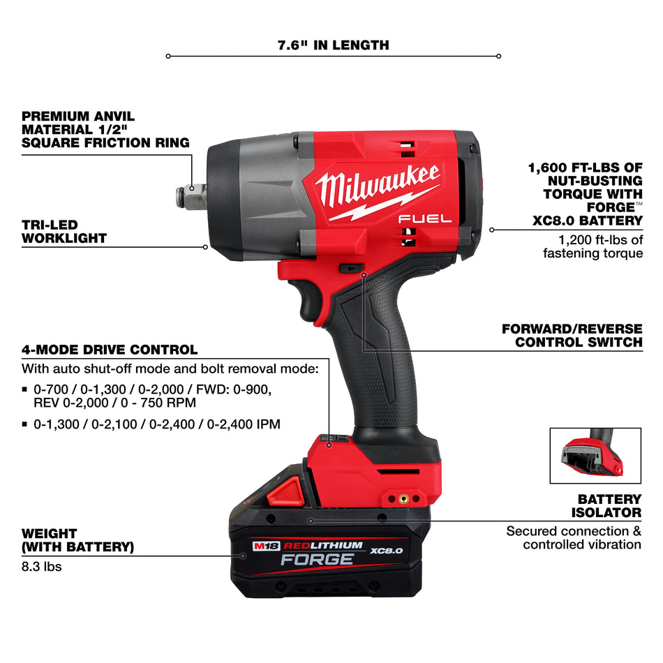 Milwaukee 2967-21F, M18 FUEL™ 1/2" High Torque Impact Wrench w/ Friction Ring FORGE™ Kit