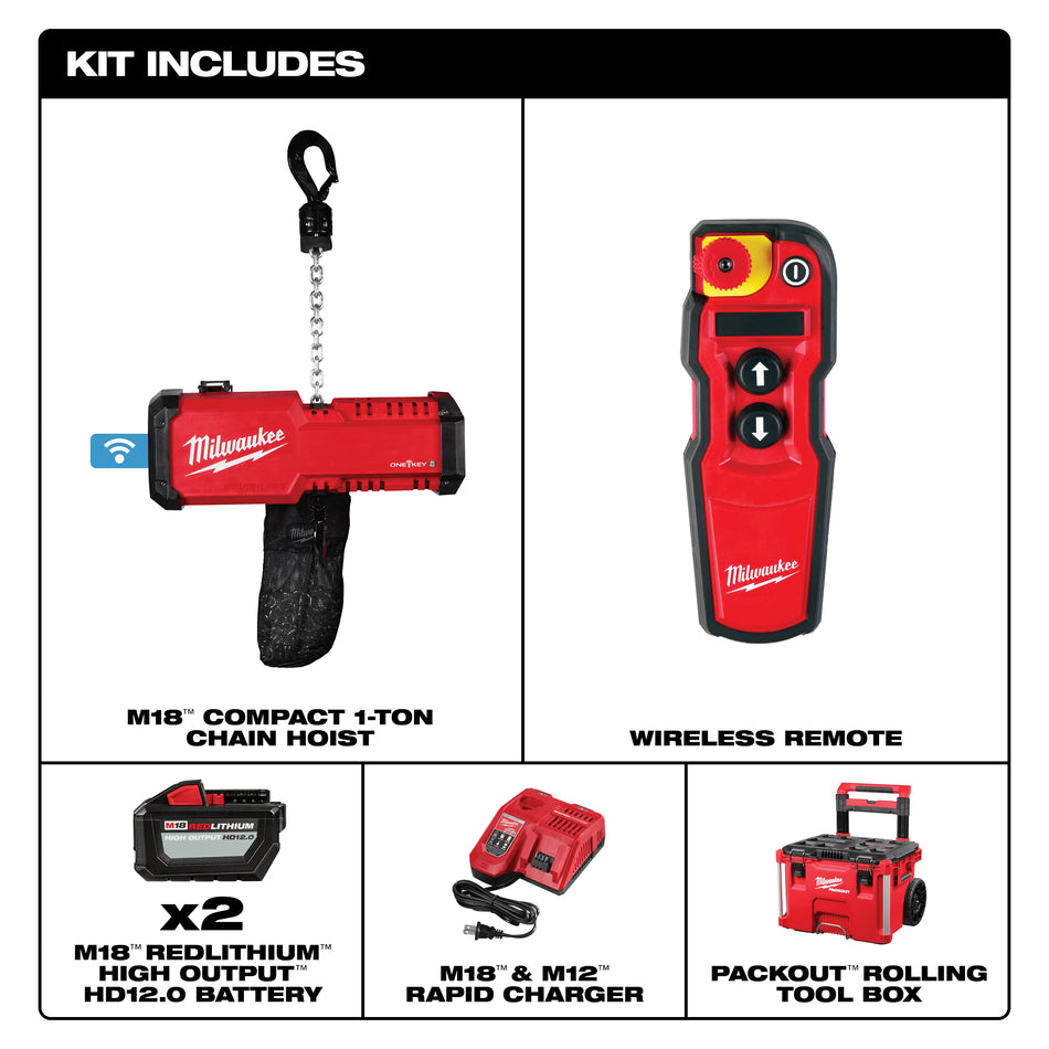 Milwaukee 2983-22HD, M18™ Compact 1-Ton Chain Hoist w/ ONE-KEY™
