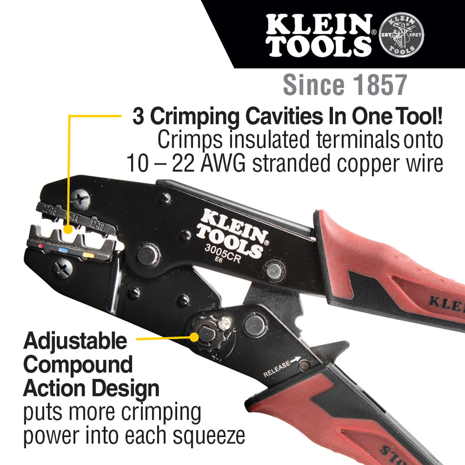 Klein Tools 3005CR, Ratcheting Crimper, 10-22 AWG - Insulated Terminals