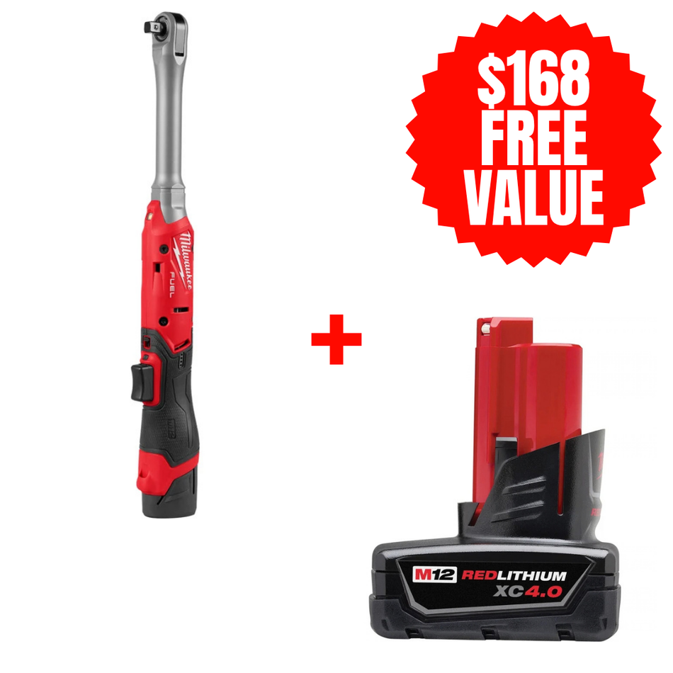 Milwaukee 3059-20 + 48-11-2440, M12 FUEL™ 3/8" Extended Reach Ratchet + FREE M12 REDLITHIUM XC Extended Capacity Battery (4.0 Ah)