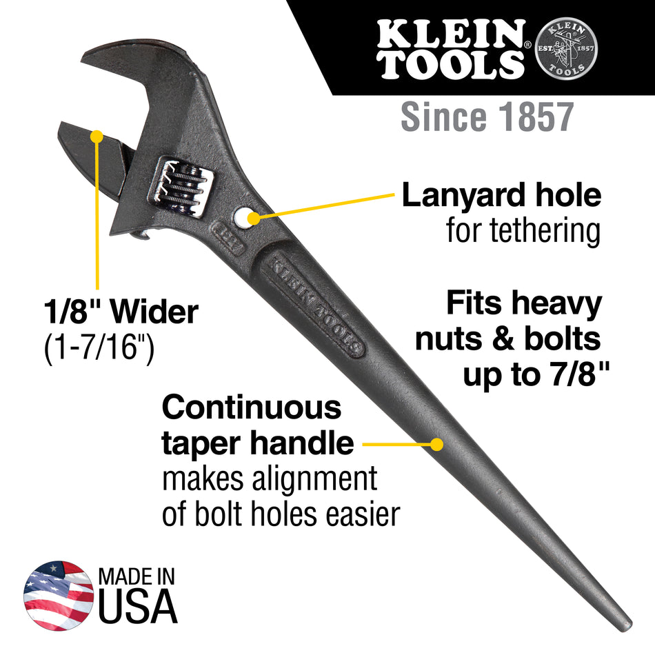 Klein Tools 3227, Adjustable Spud Wrench, 10-Inch, 1-7/16-Inch, Tether Hole