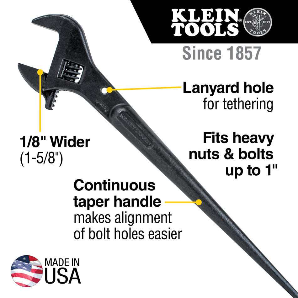 Klein Tools 3239, Adjustable Spud Wrench, 16-Inch, 1-5/8-Inch, Tether Hole