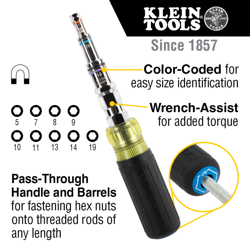 Klein Tools 32809MAGM, 11-in-1 Pass Through Magnetic Multi-Nut Driver, Metric