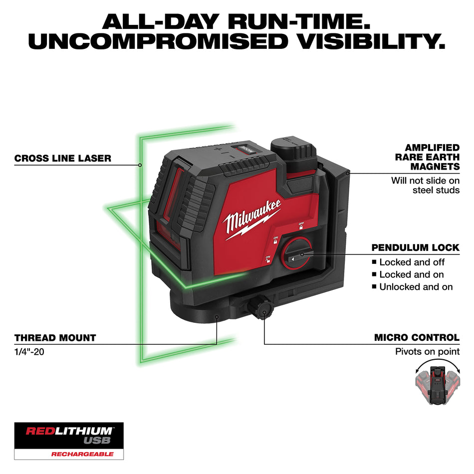 Milwaukee 3521-21, USB Rechargeable Green Cross Line Laser