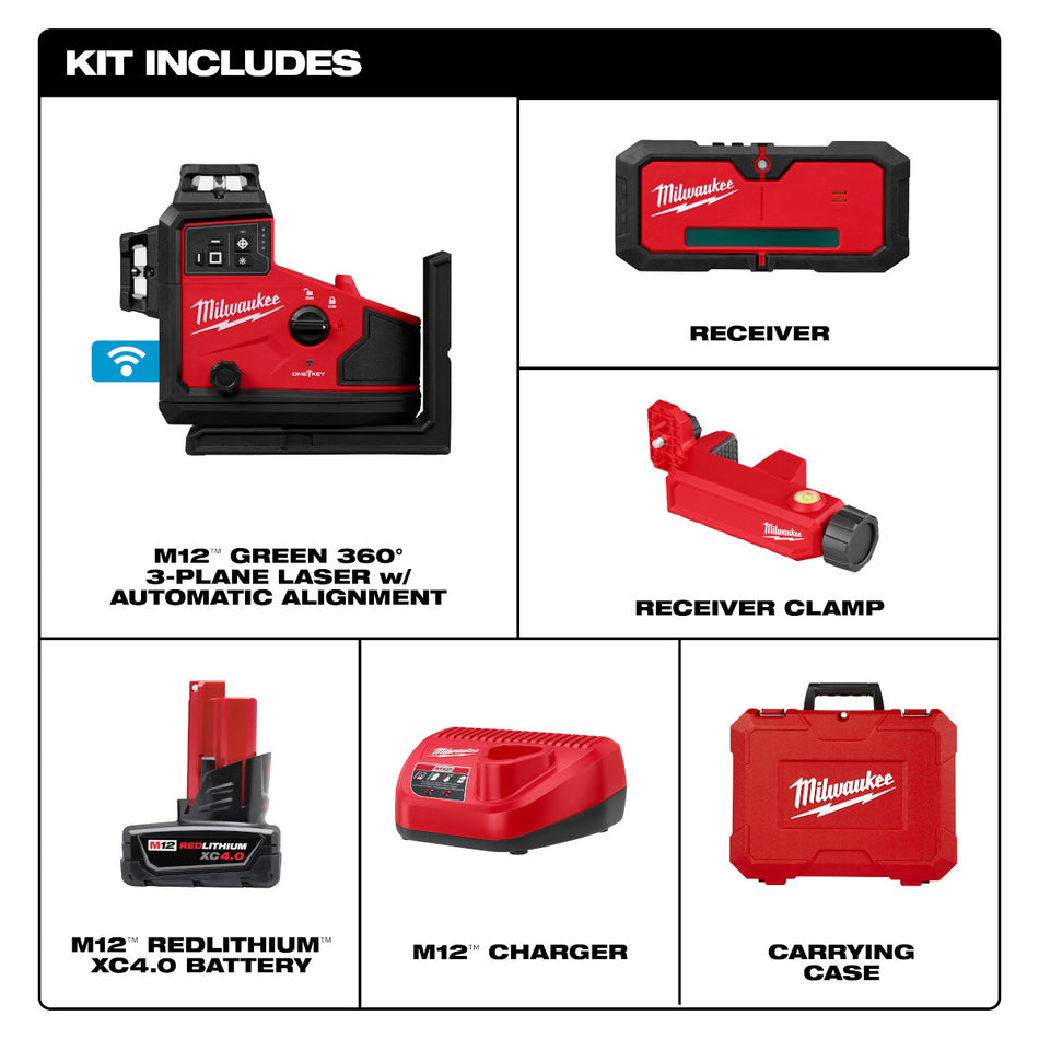 Milwaukee 3642-21, M12™ Green 360° 3-Plane Laser w/Automatic Alignment & Receiver