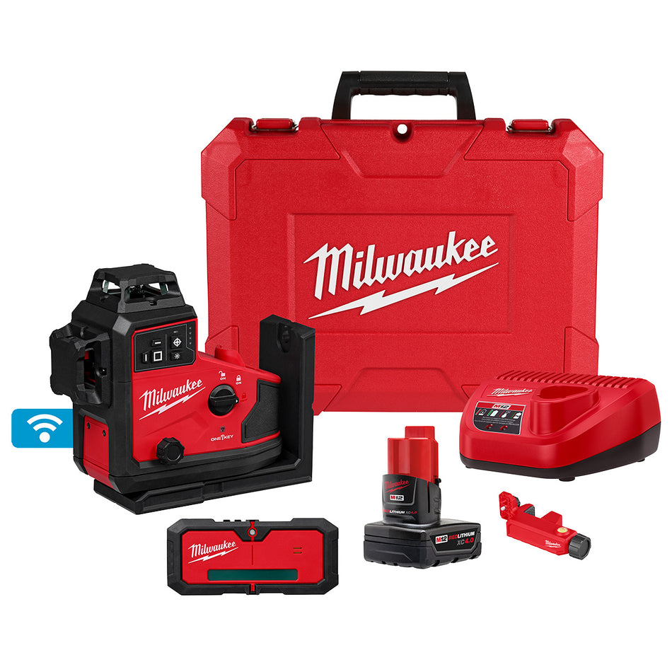 Milwaukee 3642-21, M12™ Green 360° 3-Plane Laser w/Automatic Alignment & Receiver