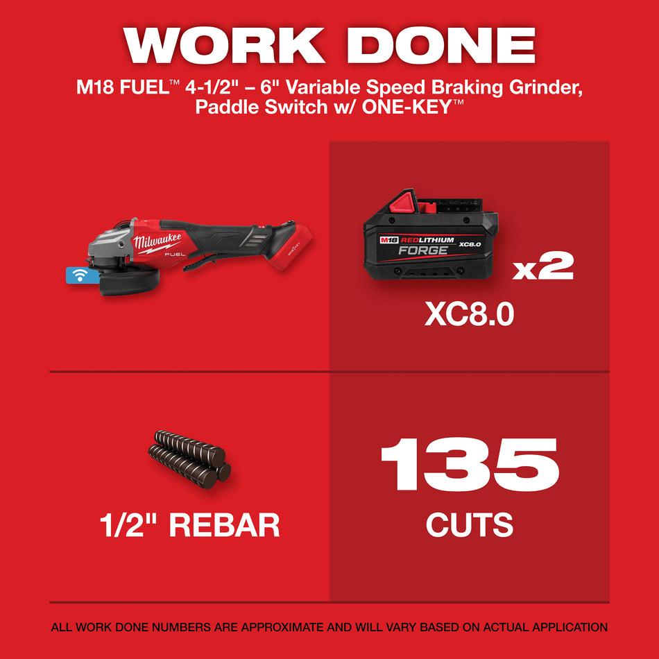 Milwaukee 3672-20, M18 FUEL™ 4-1/2"-6" Variable Speed Braking Grinder, Paddle Switch w/ ONE-KEY™