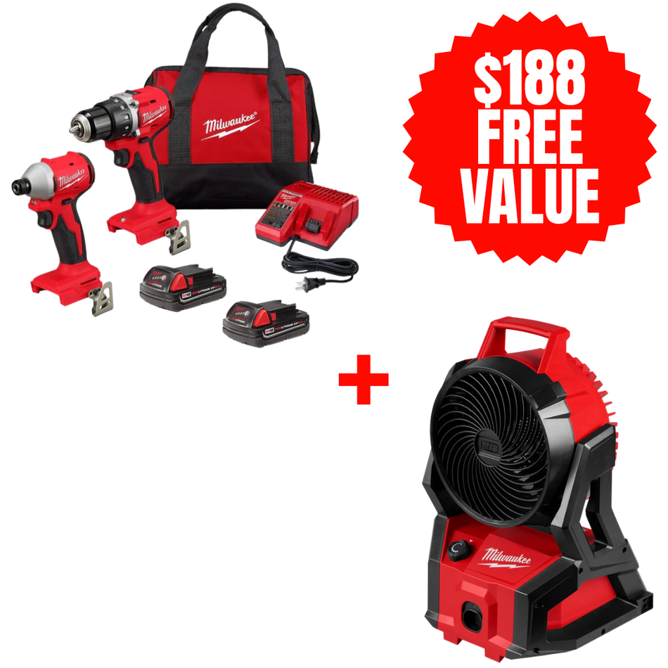 Milwaukee 3692-22CT + 0818-20, M18™ Compact Brushless 2-Tool Combo Kit + FREE M18™ Brushless PACKOUT™ Fan