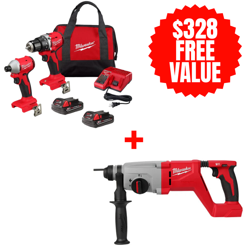 Milwaukee 3692-22CT + 2613-20, M18™ Compact Brushless 2-Tool Combo Kit + FREE M18™ Brushless 1” SDS Plus D-Handle Rotary Hammer