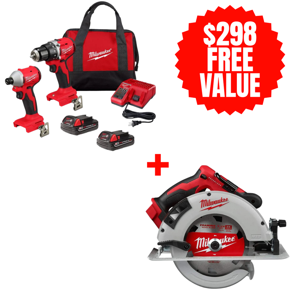 Milwaukee 3692-22CT + 2631-20, M18™ Compact Brushless 2-Tool Combo Kit + FREE M18 7-1/4" Brushless Circular Saw (Tool Only)