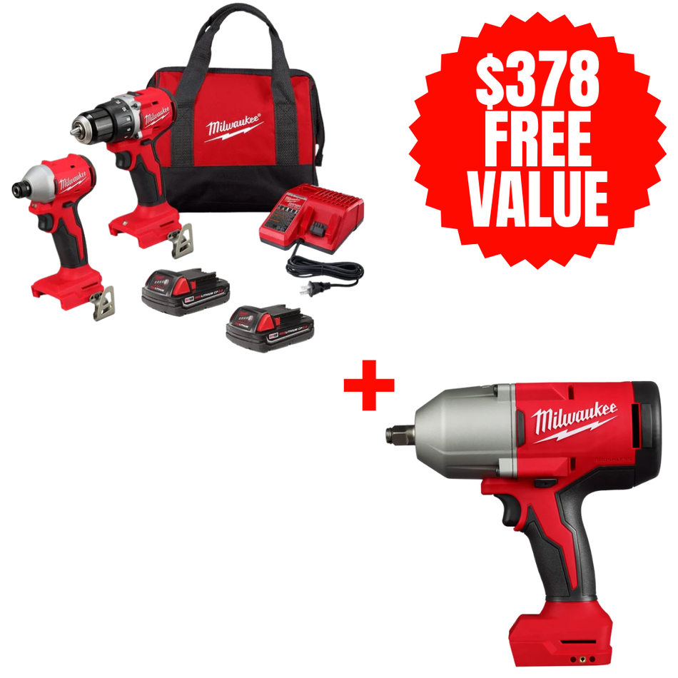 Milwaukee 3692-22CT + 2666-20, M18™ Compact Brushless 2-Tool Combo Kit + FREE M18™ Brushless 1/2" High Torque Impact Wrench w/ Friction Ring