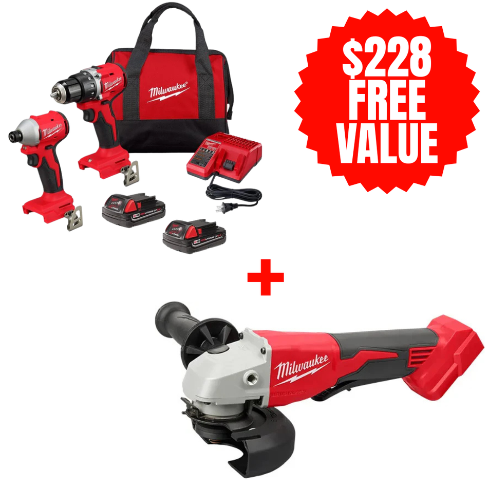 Milwaukee 3692-22CT + 2686-20, Compact Brushless 2-Tool Combo Kit + FREE M18™ Brushless 4-1/2" / 5" Cut-Off Grinder, Paddle Switch
