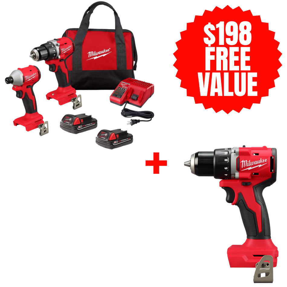 Milwaukee 3692-22CT + 3601-20, M18™ Compact Brushless 2-Tool Combo Kit + FREE M18™ Compact Brushless 1/2" Drill/ Driver