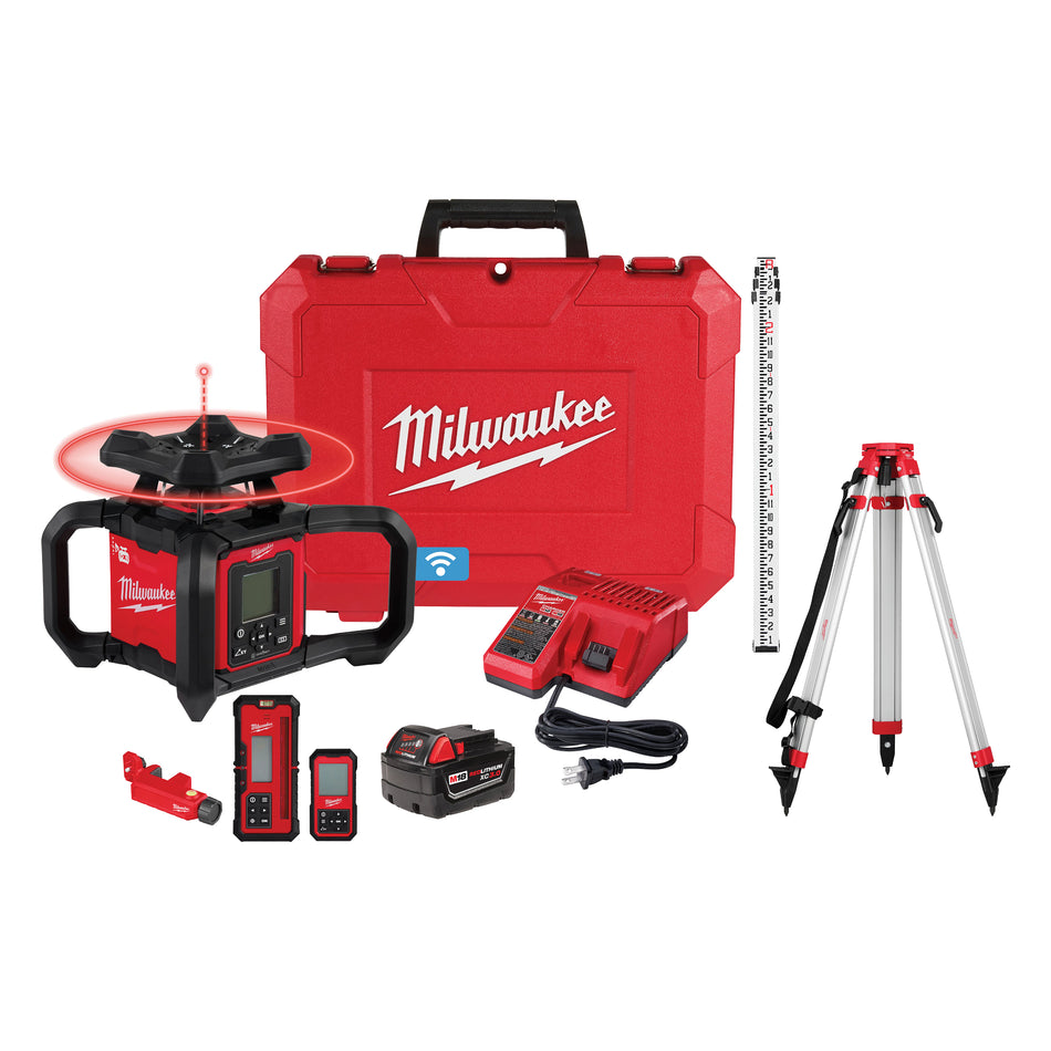 Milwaukee 3704-21T, M18™ Red Exterior Dual Slope Rotary Laser Level Kit w/ Receiver, Remote, Grade Rod & Tripod