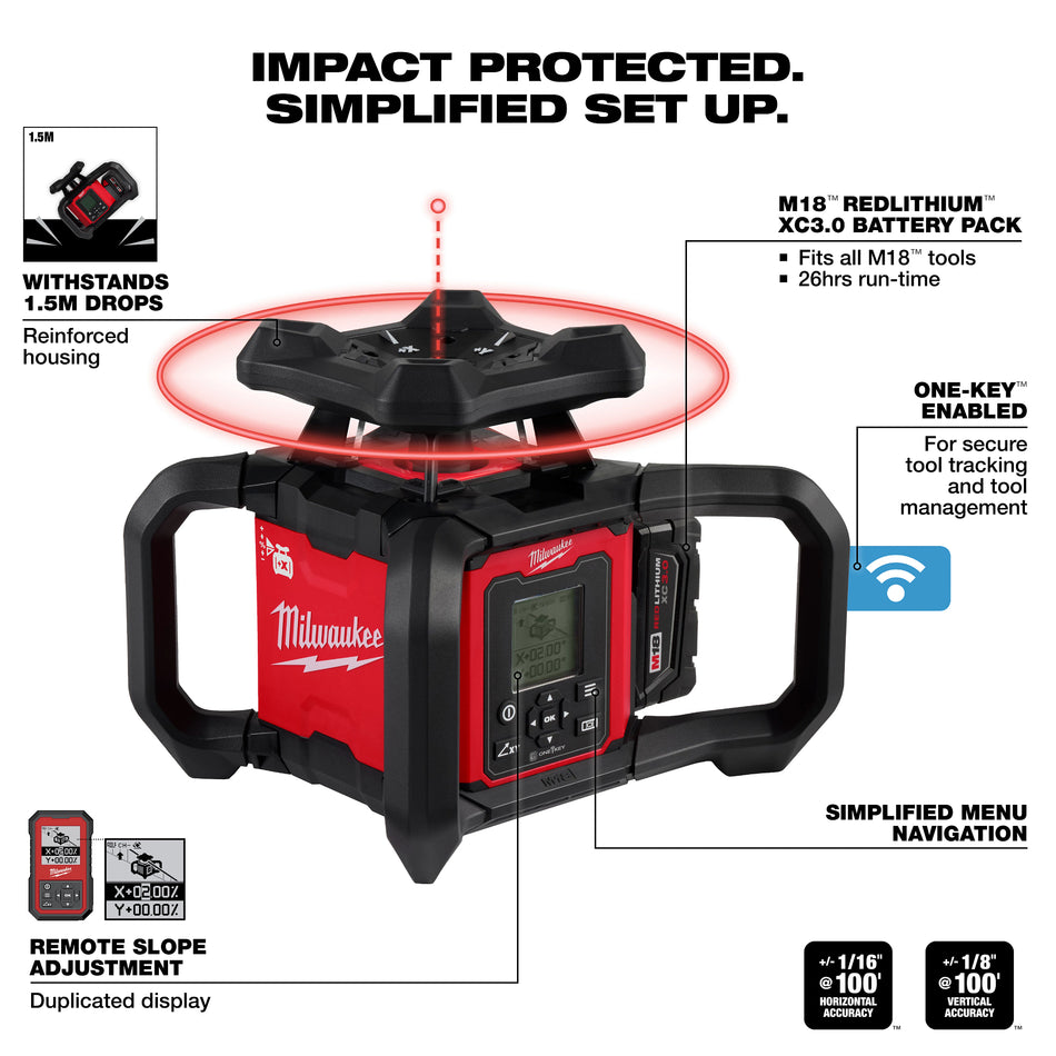 Milwaukee 3704-21, M18™ Red Exterior Dual Slope Rotary Laser Level Kit w/ Receiver & Remote