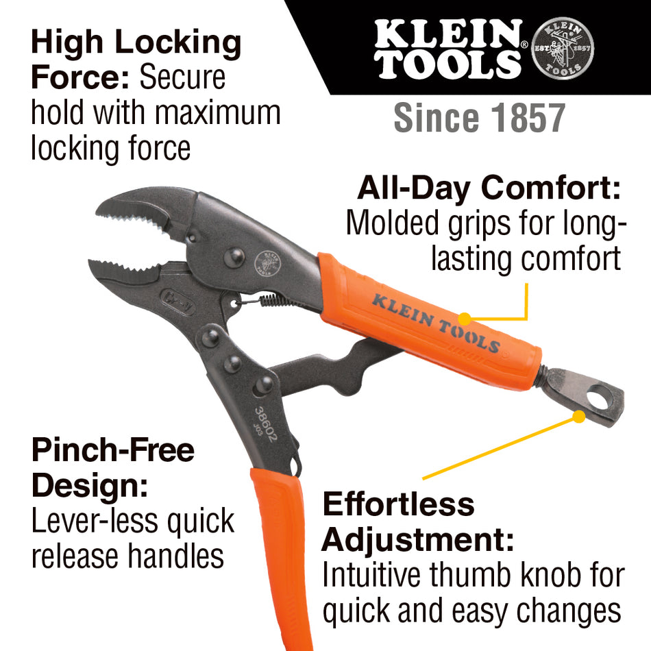 Klein Tools 38665, Locking Pliers, Long Nose 6-Inch, Curved Jaw 7- and 10-Inch, 3-Piece