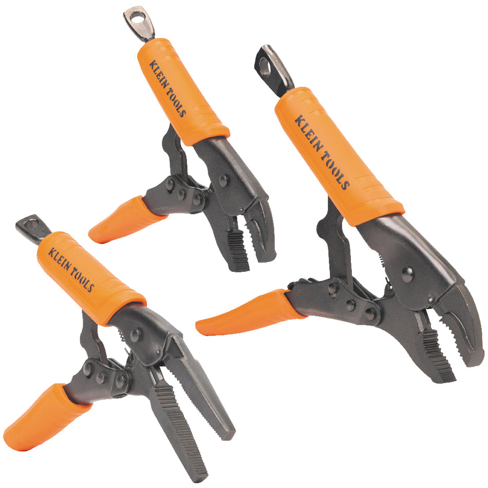 Klein Tools 38665, Locking Pliers, Long Nose 6-Inch, Curved Jaw 7- and 10-Inch, 3-Piece