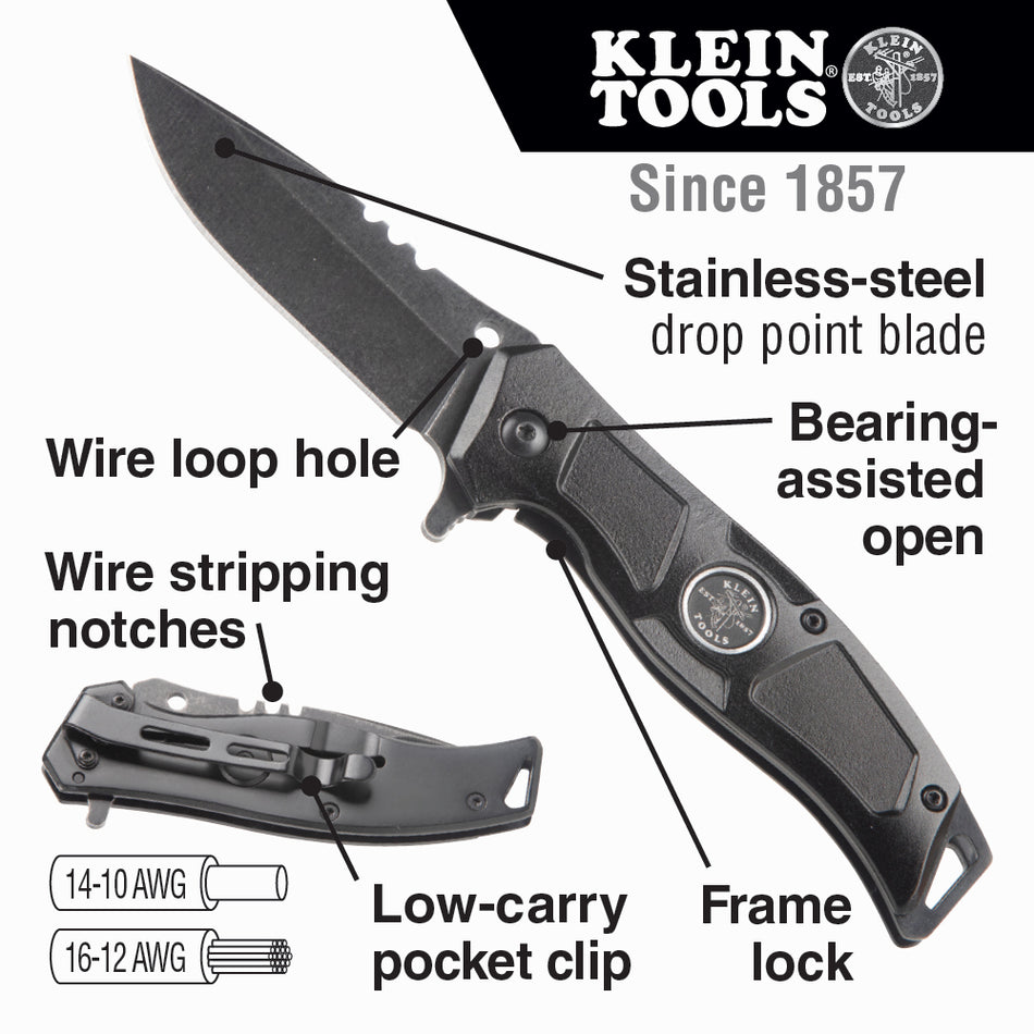 Klein Tools 44228R, Electrician's Bearing-Assisted Open Pocket Knife