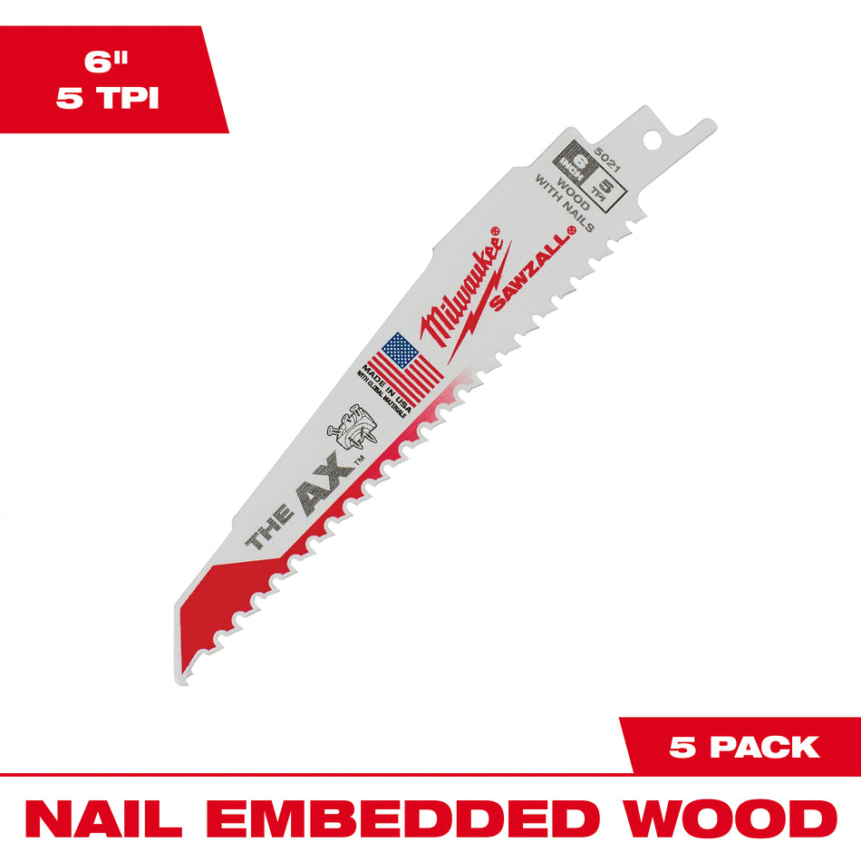 Milwaukee 48-00-5021, 6" 5 TPI The Ax Sawzall Blade (5/pkg)