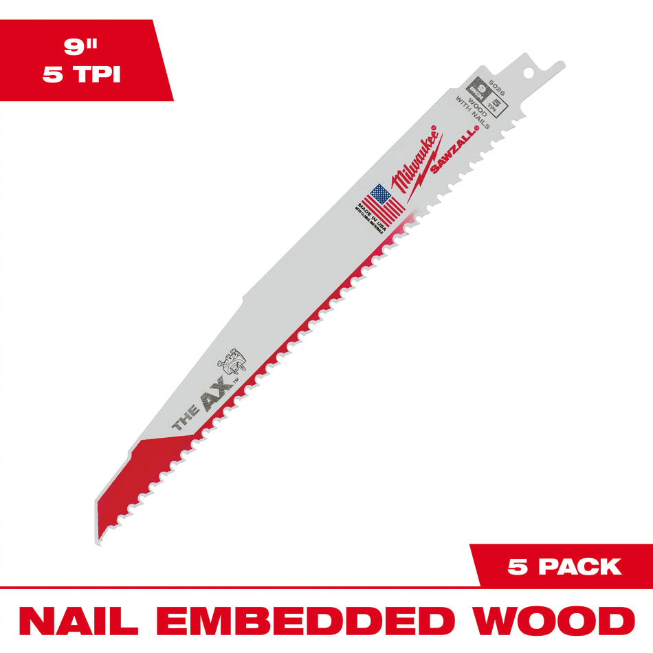Milwaukee 48-00-5026, 9" 5 TPI The Ax Sawzall Blade (5/pkg)