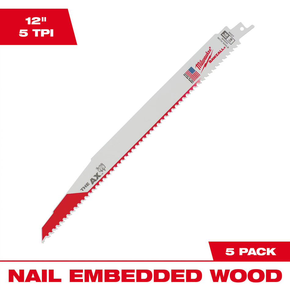 Milwaukee 48-00-5027, 12" 5 TPI The Ax Sawzall Blade (5/pkg)