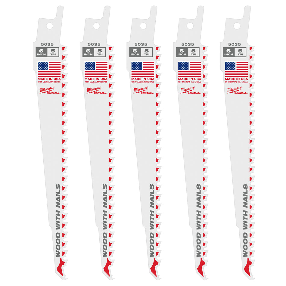 Milwaukee 48-00-5035, 6" 5 TPI Sawzall Blades (5/pkg)