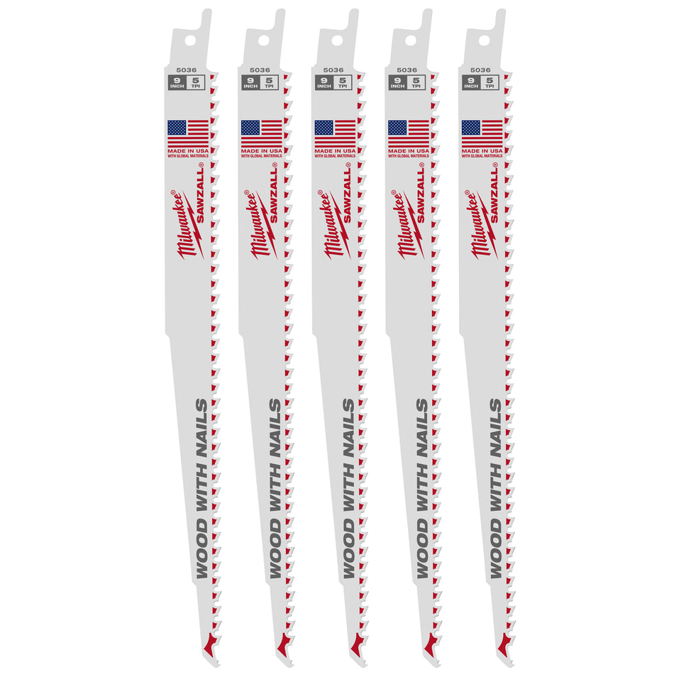 Milwaukee 48-00-5036, 9" 5 TPI Sawzall Blades (5/pkg)