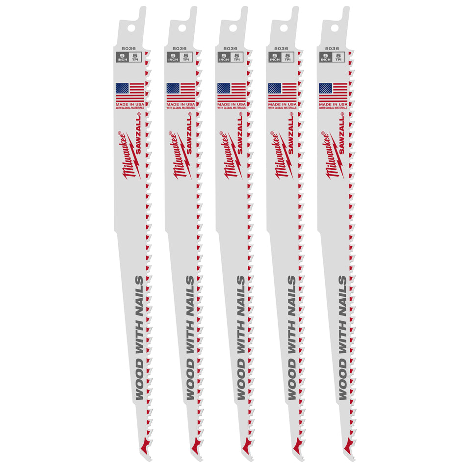 Milwaukee 48-00-5036, 9" 5 TPI Sawzall Blades (5/pkg)