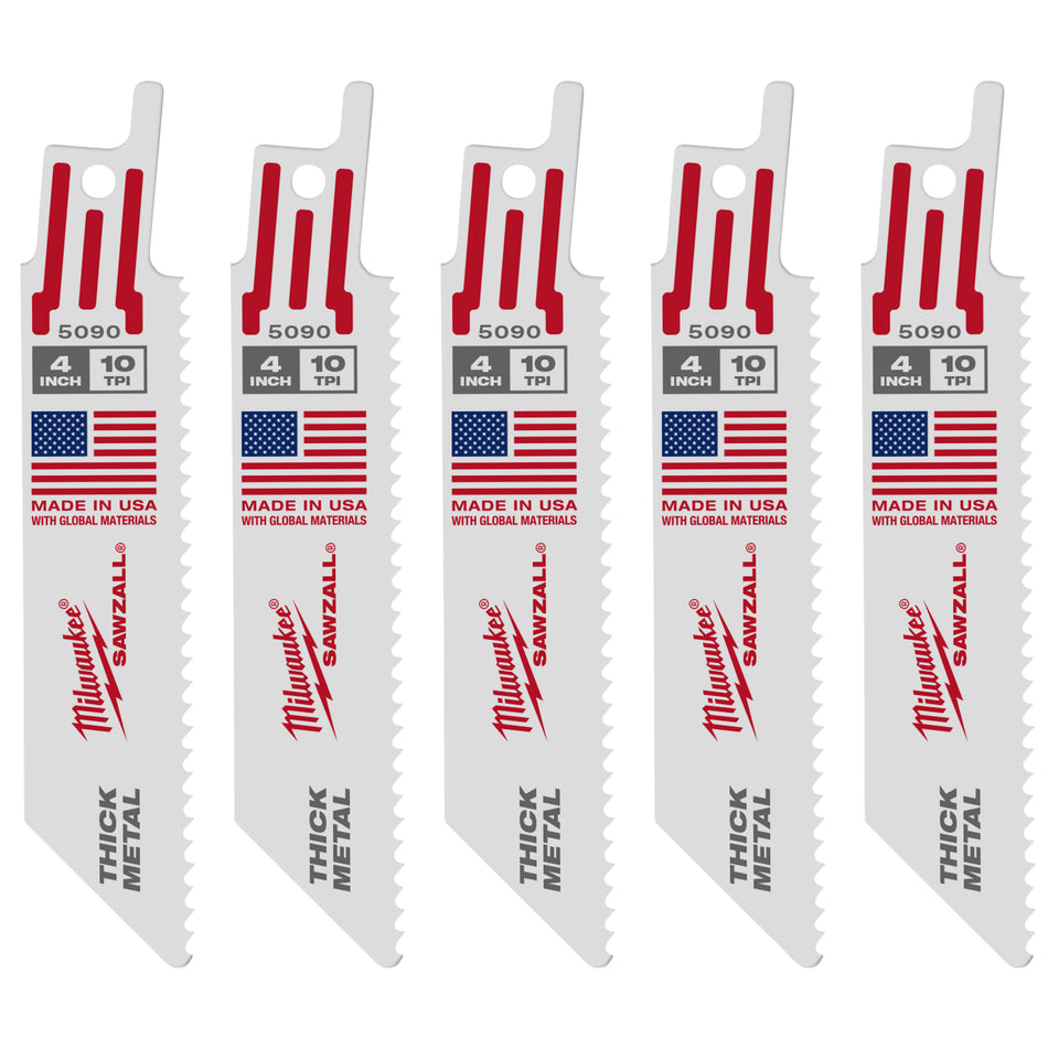 Milwaukee 48-00-5090, 4" 10 TPI Thin Kerf SAWZALL Blades (5/pkg)