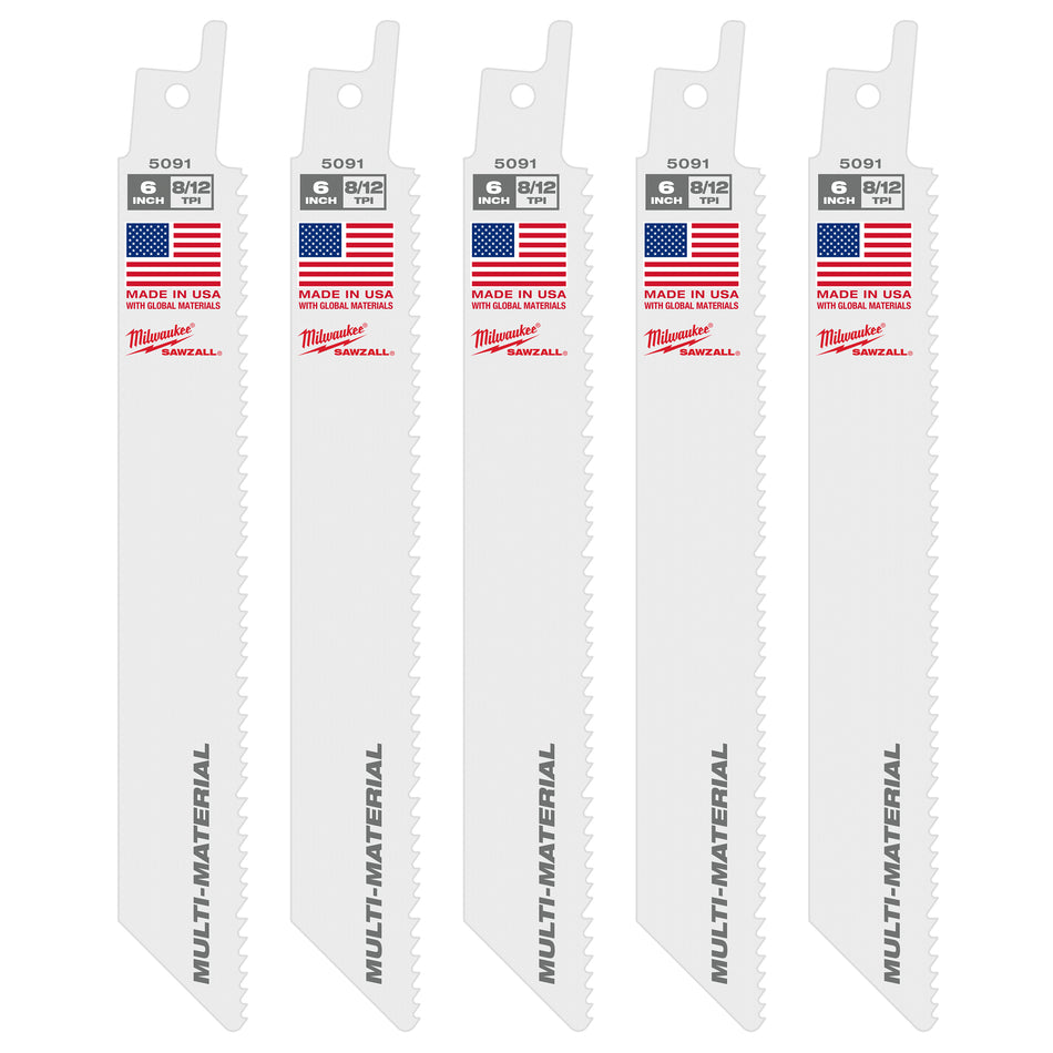Milwaukee 48-00-5091, 6" 8/12 TPI Sawzall Blades (5/pkg)