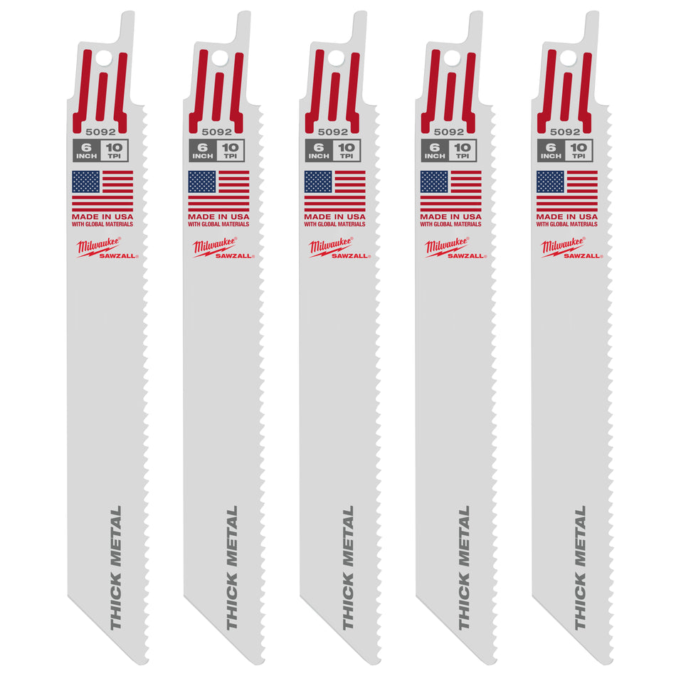 Milwaukee 48-00-5092, 6" 10 TPI Thin Kerf SAWZALL Blades (5/pkg)
